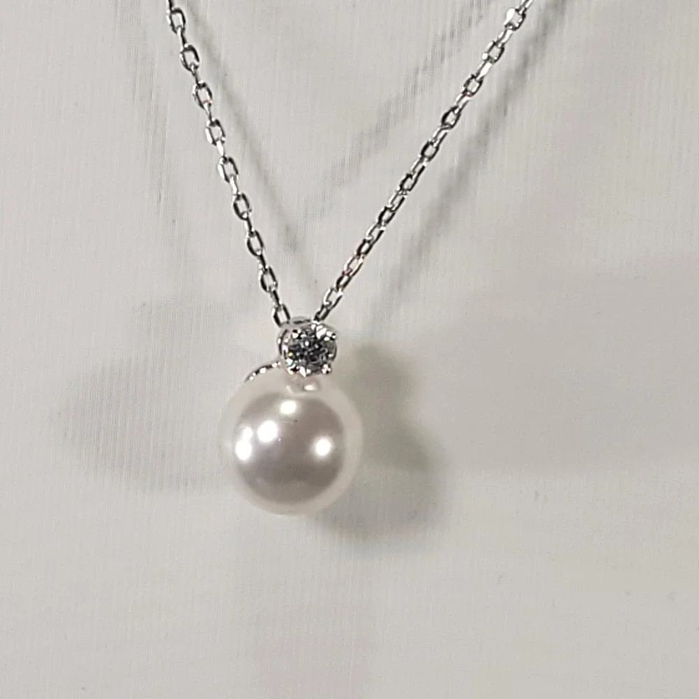 Swarovski Faux Pearl Necklace Women Silver Tone Crystal Swan Charm Pendant